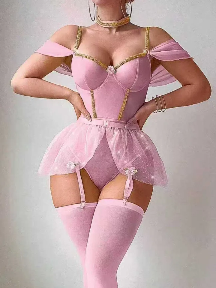 Fishnet Stocking Women - Seksowne błyszczące jednoczęściowe body z bufkami